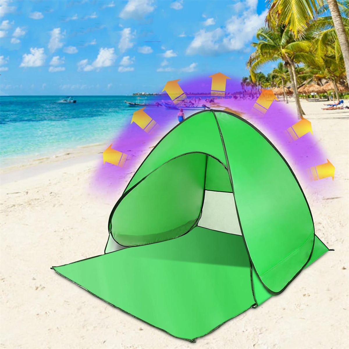 Grünes Pop-up-Strandzelt an einem Sandstrand mit blauem Wasser und Himmel; sonnig mit Palmen.