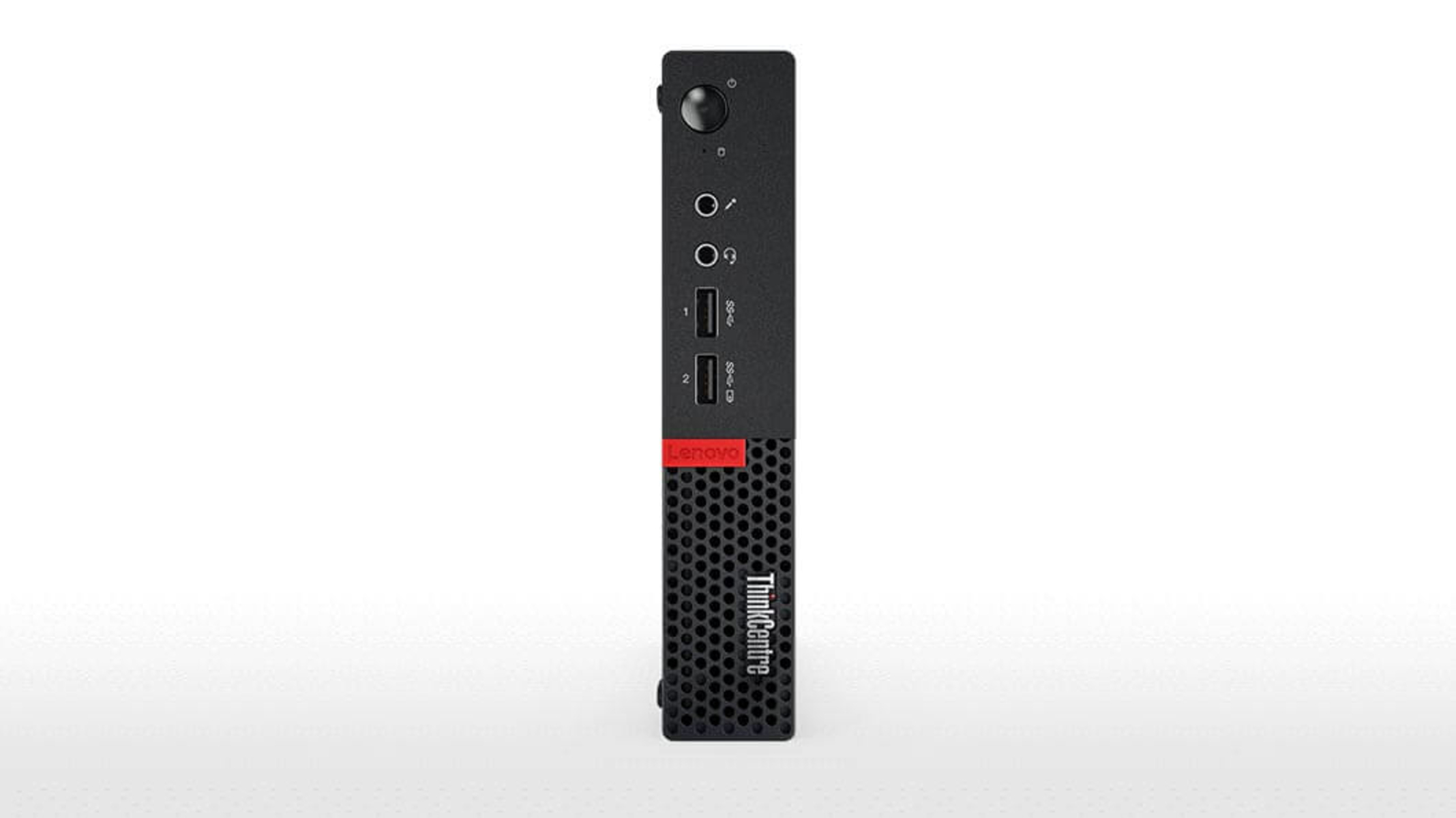 Ein schwarzer Lenovo ThinkCentre Desktop-Computer mit Anschlüssen auf der Vorderseite.