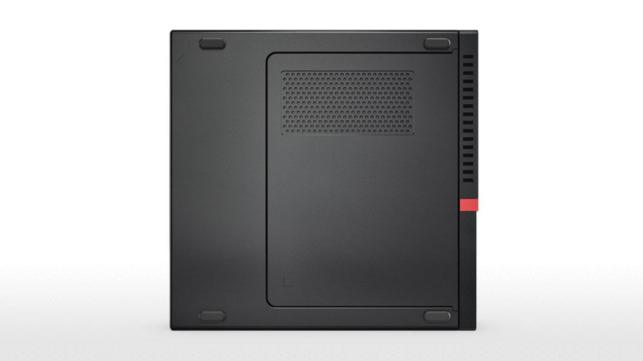 Ein schwarzes Computergehäuse von unten betrachtet. Es hat ein Gittermuster und vier Füße.