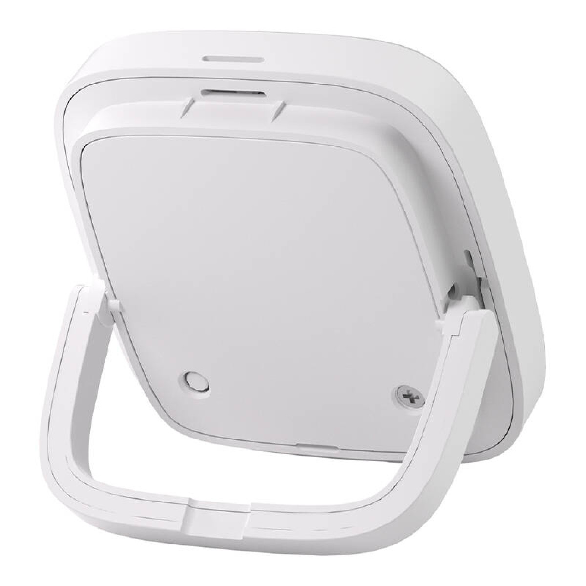 Białe urządzenie skierowane tyłem z podstawką. Tył ma mały otwór i przycisk.