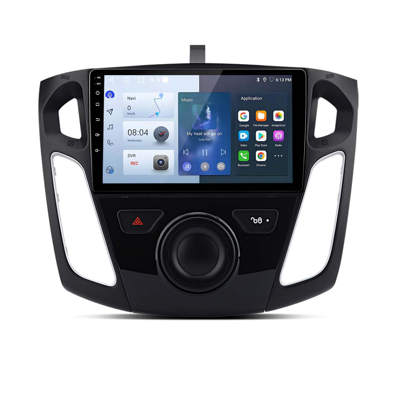 Autoradio mit großem Touchscreen-Display. Es zeigt Navigation, Musik und App-Symbole.