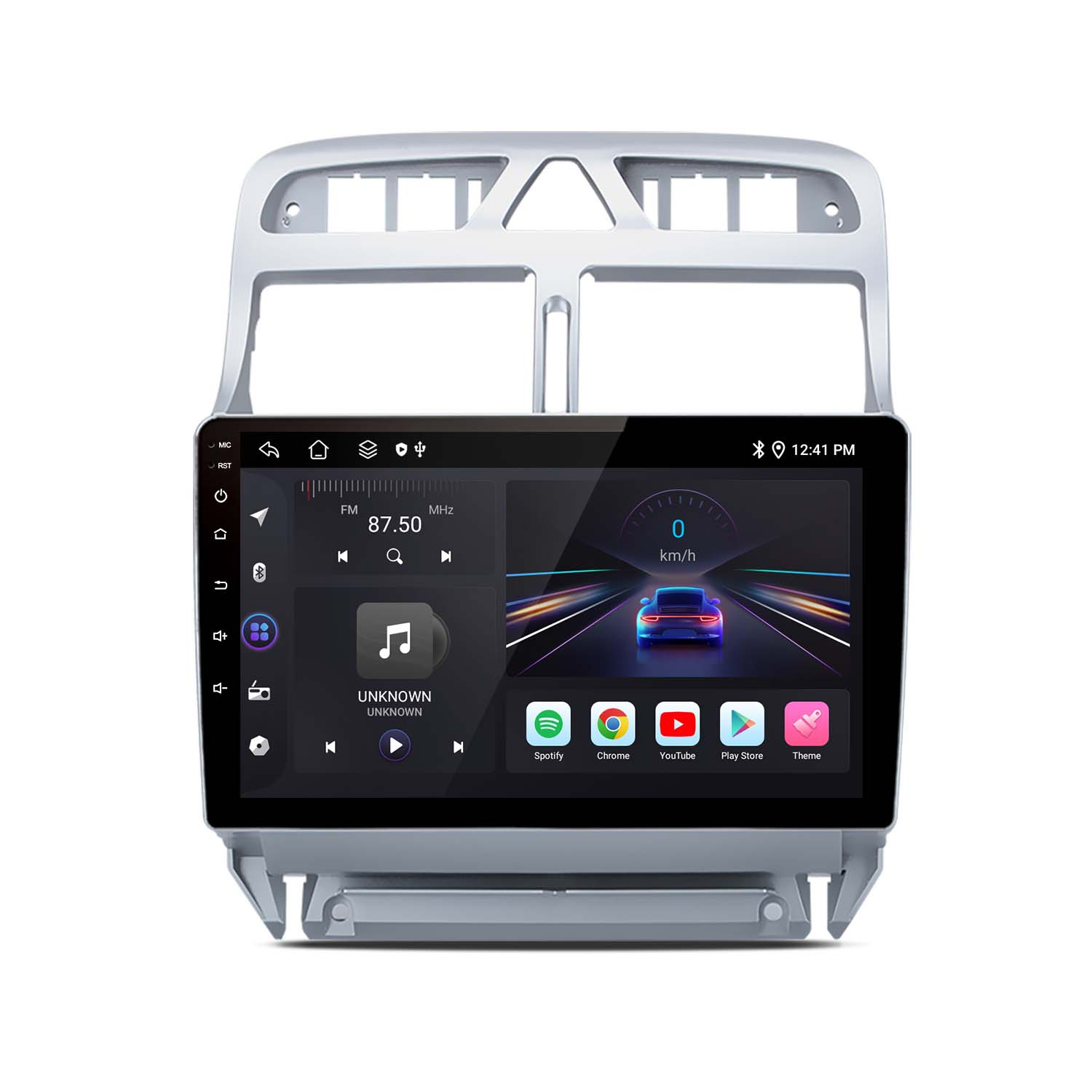 Auto-Multimedia-Player mit Bildschirm mit Musik- und App-Symbolen, in silbernem Rahmen.