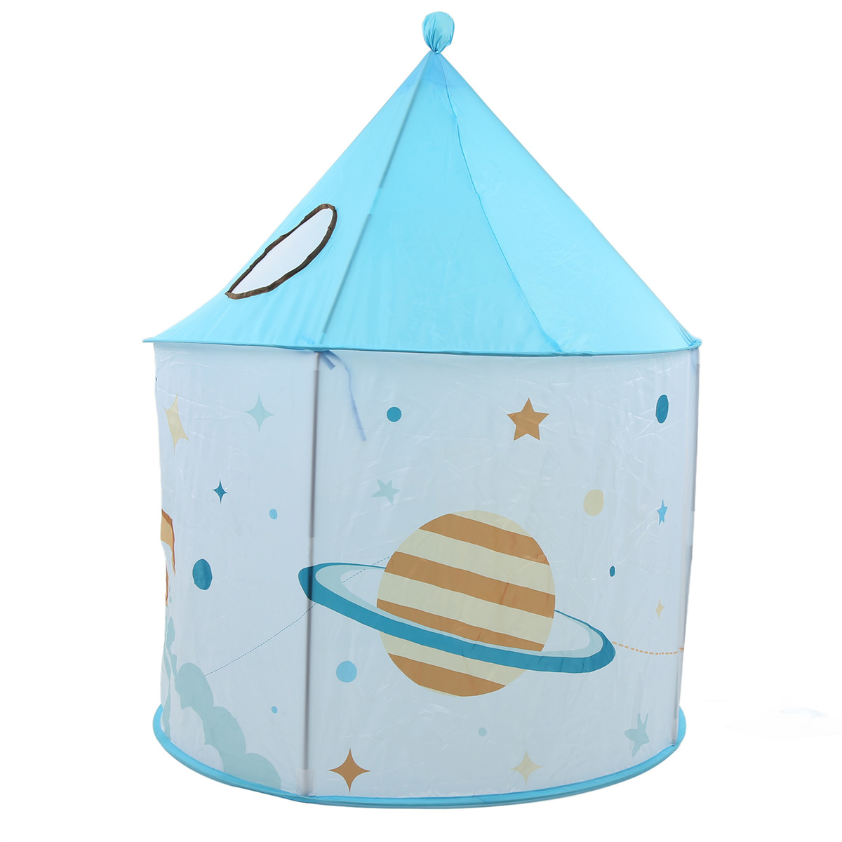 Blau-weißes Spielzelt mit Planeten- und Sterndesigns. Himmelblaues Kegeldach.
