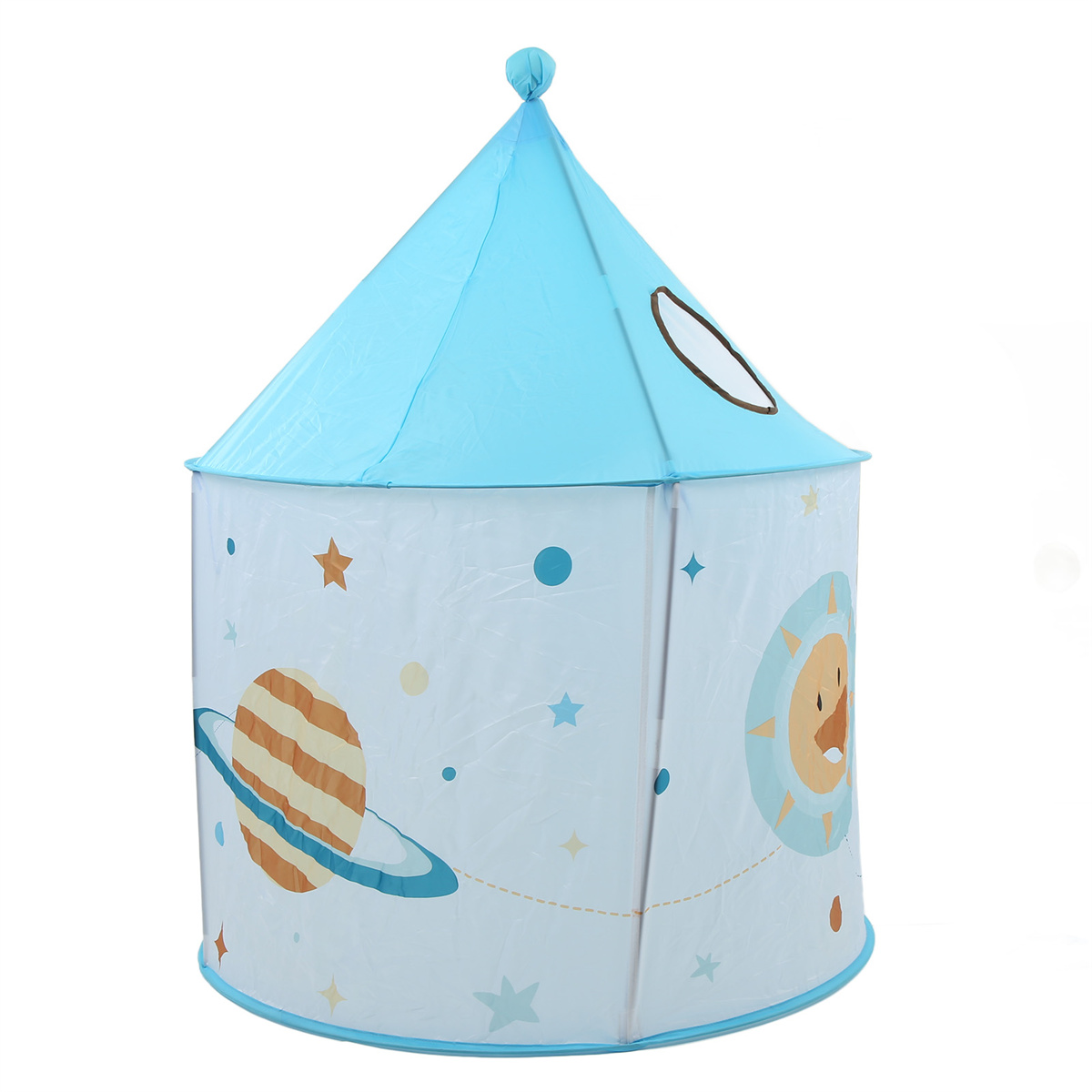 Ein blau-weißes Spielzelt in Raketenform mit Planeten und Sternen bedruckt.