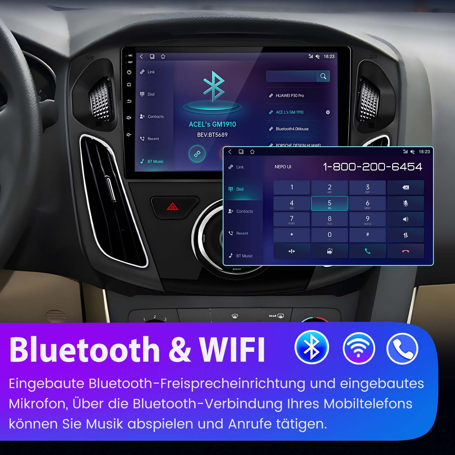 Autoradio-Bildschirm mit Telefonanzeige, Bluetooth-Verbindung wird angezeigt. Text: Bluetooth & WIFI. Schwarzer Innenraum.