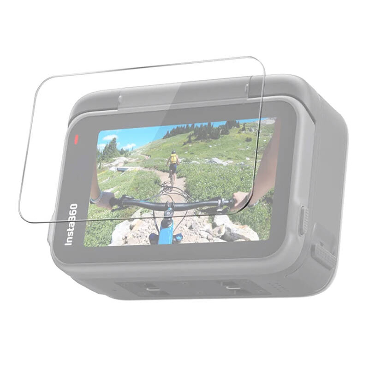 Kamera sportowa z ekranem pokazującym rowerzystę na szlaku. Na ekranie folia ochronna.