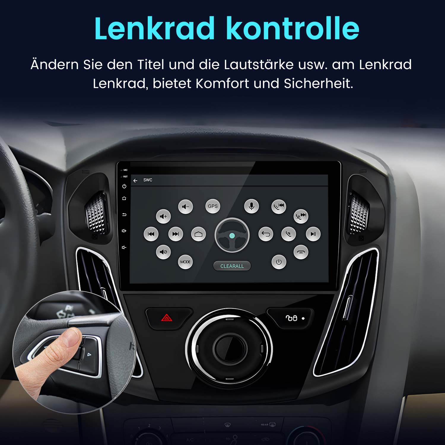 Armaturenbrett des Autos mit Touchscreen und Detail der Lenkradsteuerung.