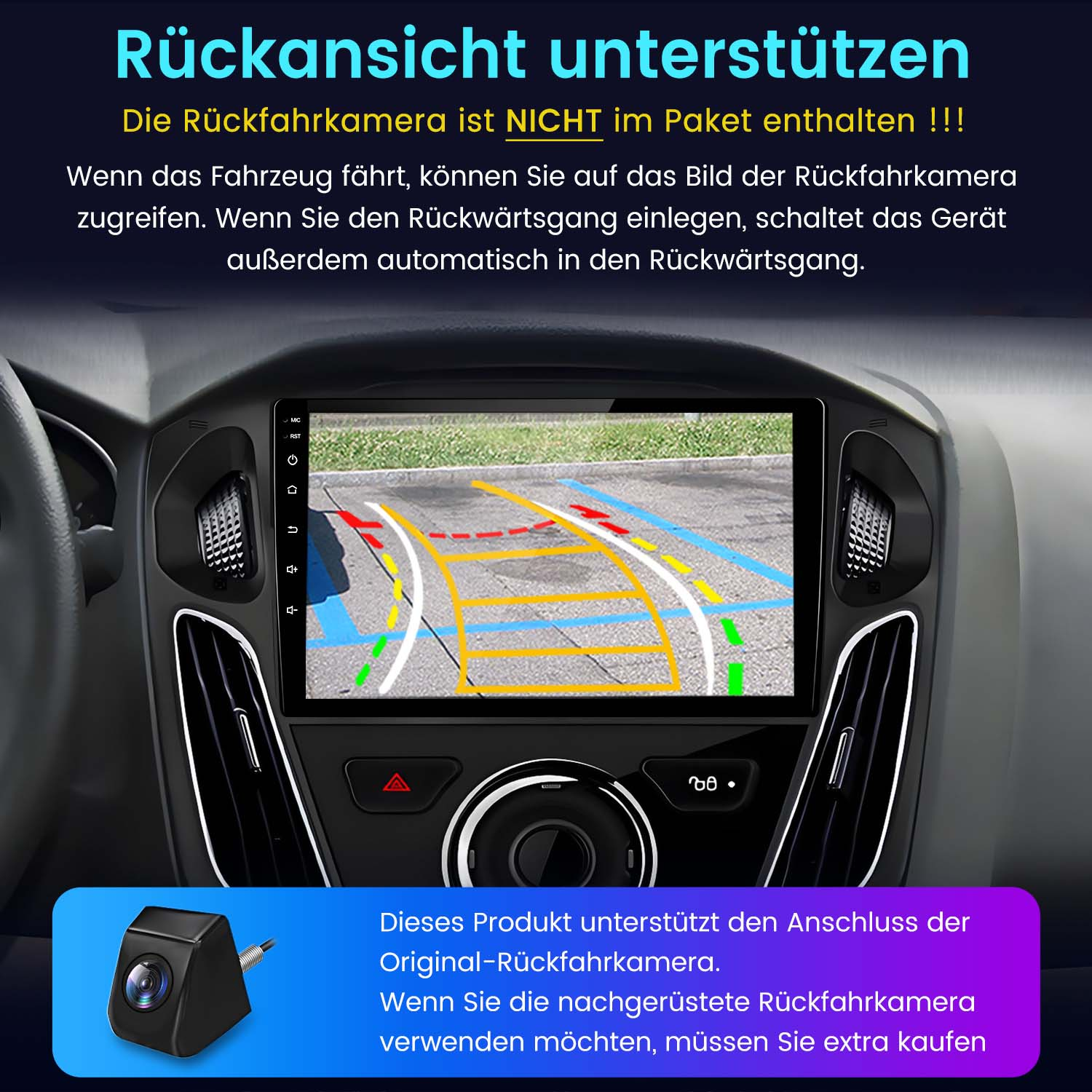 Armaturenbrett mit Bildschirm, der Rückfahrkamerabild zeigt, und eine Rückfahrkamera.