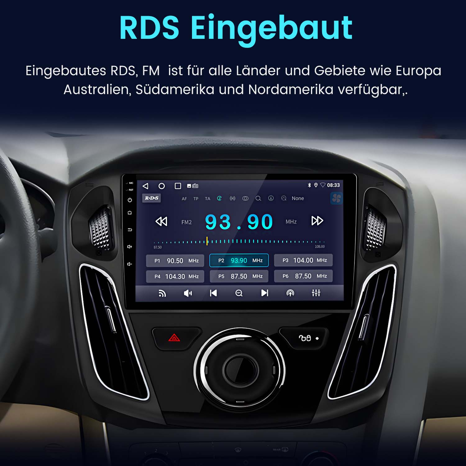 Ein Autoradio-Bildschirm zeigt RDS-Informationen und Radiosenderdetails an. Es ist im Armaturenbrett eines Autos installiert.