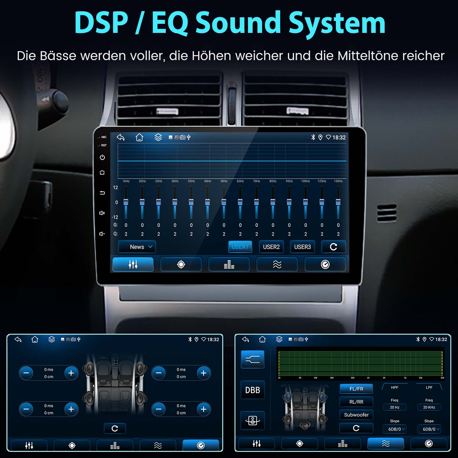 Autoradio mit Equalizer und mehreren Steuerbildschirmen.