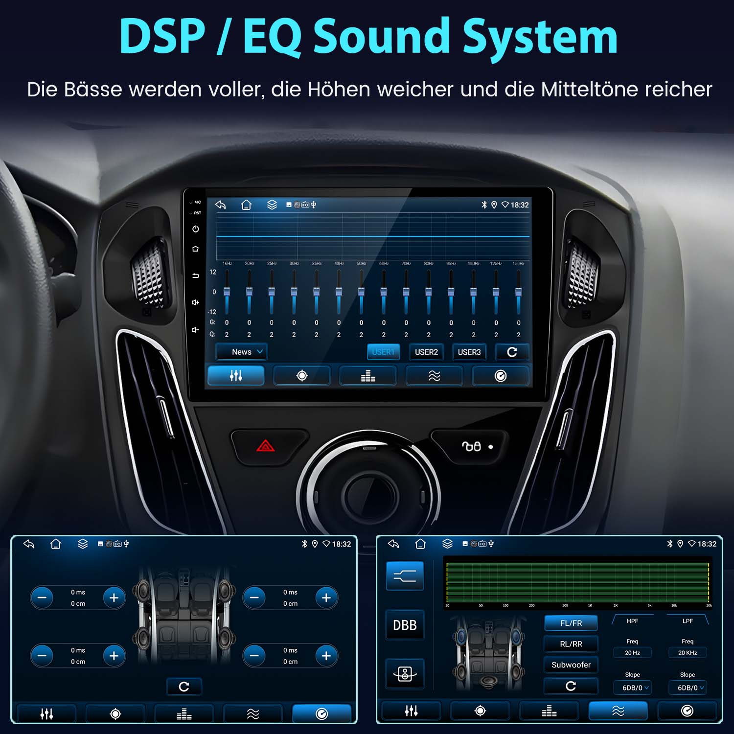 Autoradio mit Touchscreen, grafischem Equalizer und Bass-Anpassungen.