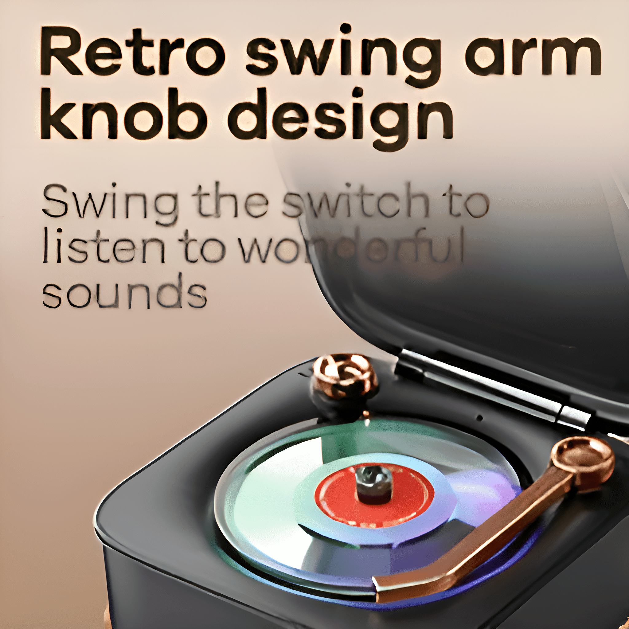 Ein schwarzer Plattenspieler im Retro-Stil mit einer transparenten Schallplatte und einem goldfarbenen Arm.