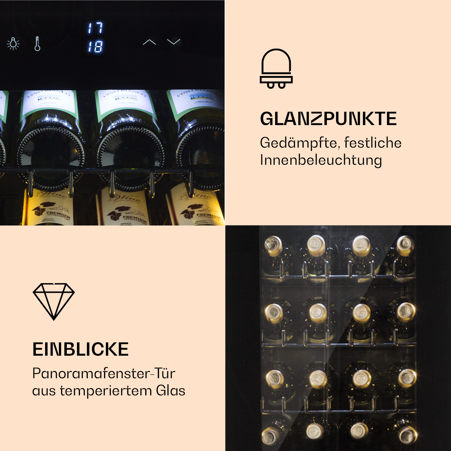 Cantinetta con bottiglie di vino all'interno. Testo e icone che descrivono le caratteristiche.
