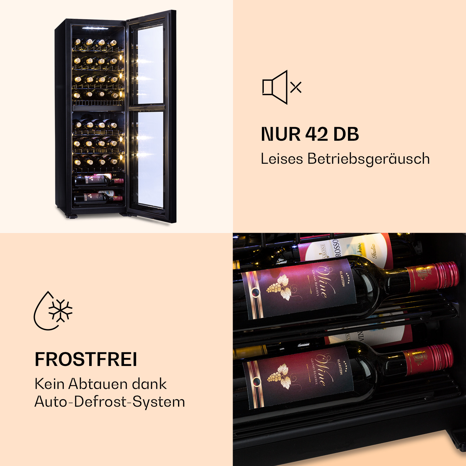 Un frigo per vini nero con ante aperte, che mostra bottiglie di vino. Il testo indica che è senza brina e funziona silenziosamente.