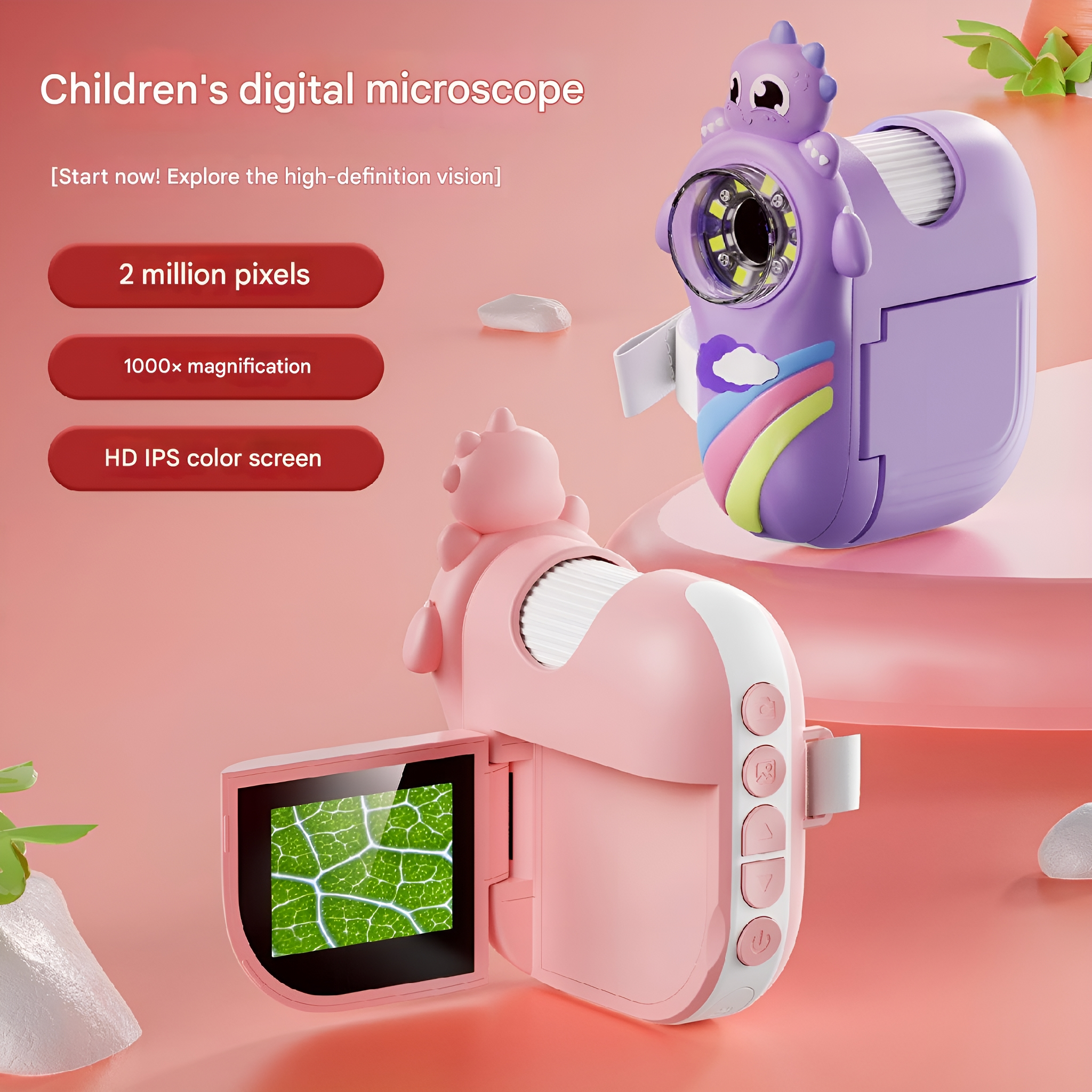 Digitales Kindermikroskop, lila und rosa, mit Bildschirm und Text: 2 Millionen Pixel, 1000x Vergrößerung.