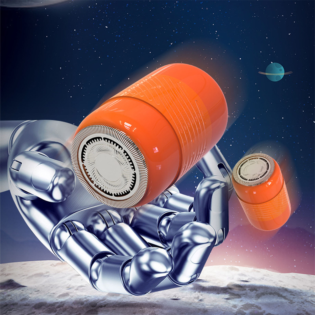 Ein futuristisches Bild von zwei orangenen Rotationsrasierern, einer wird von einer metallischen Hand im Weltraum gehalten.
