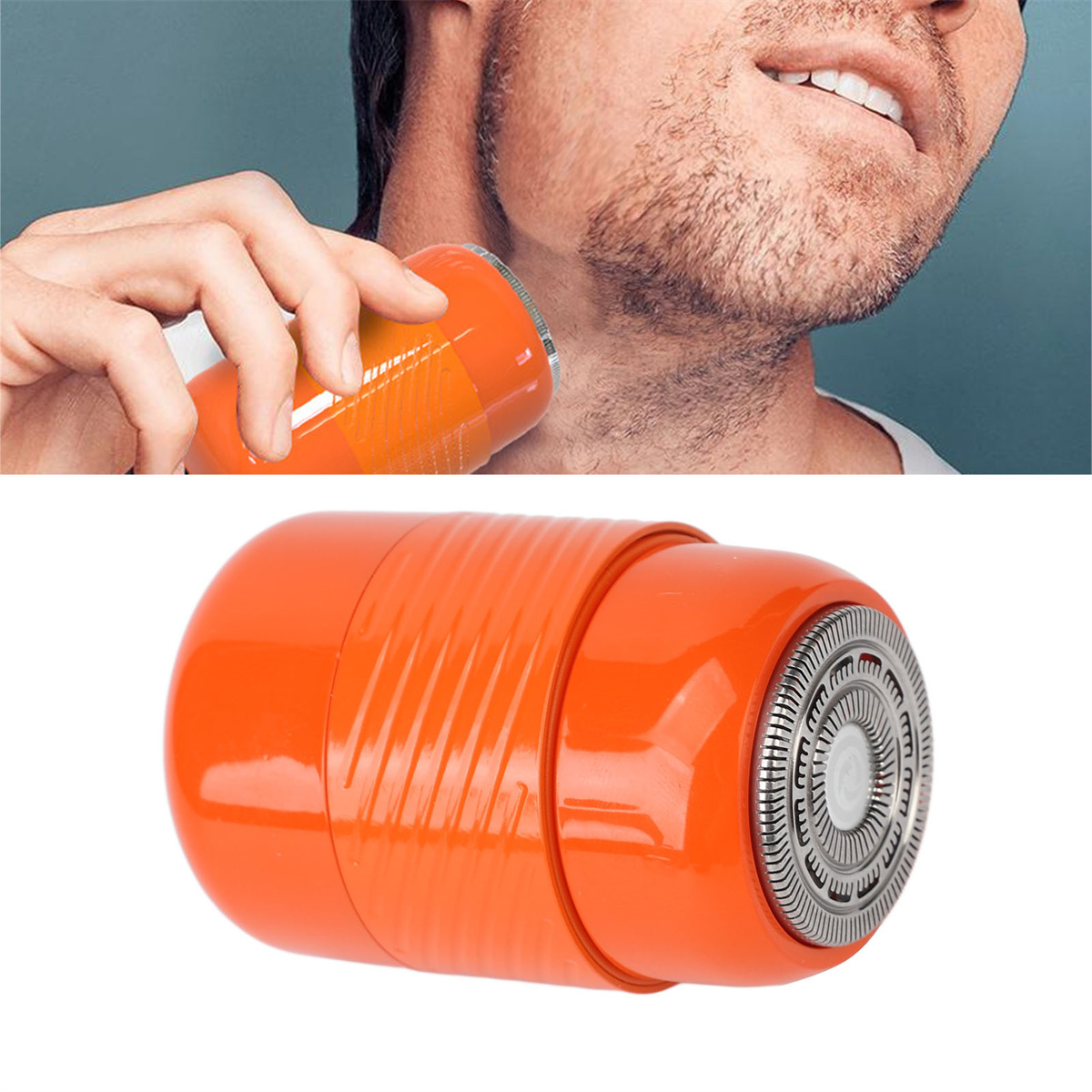 Ein Mann rasiert sich mit einem orangenen Rasierer. Der Rasierer wird separat gezeigt.