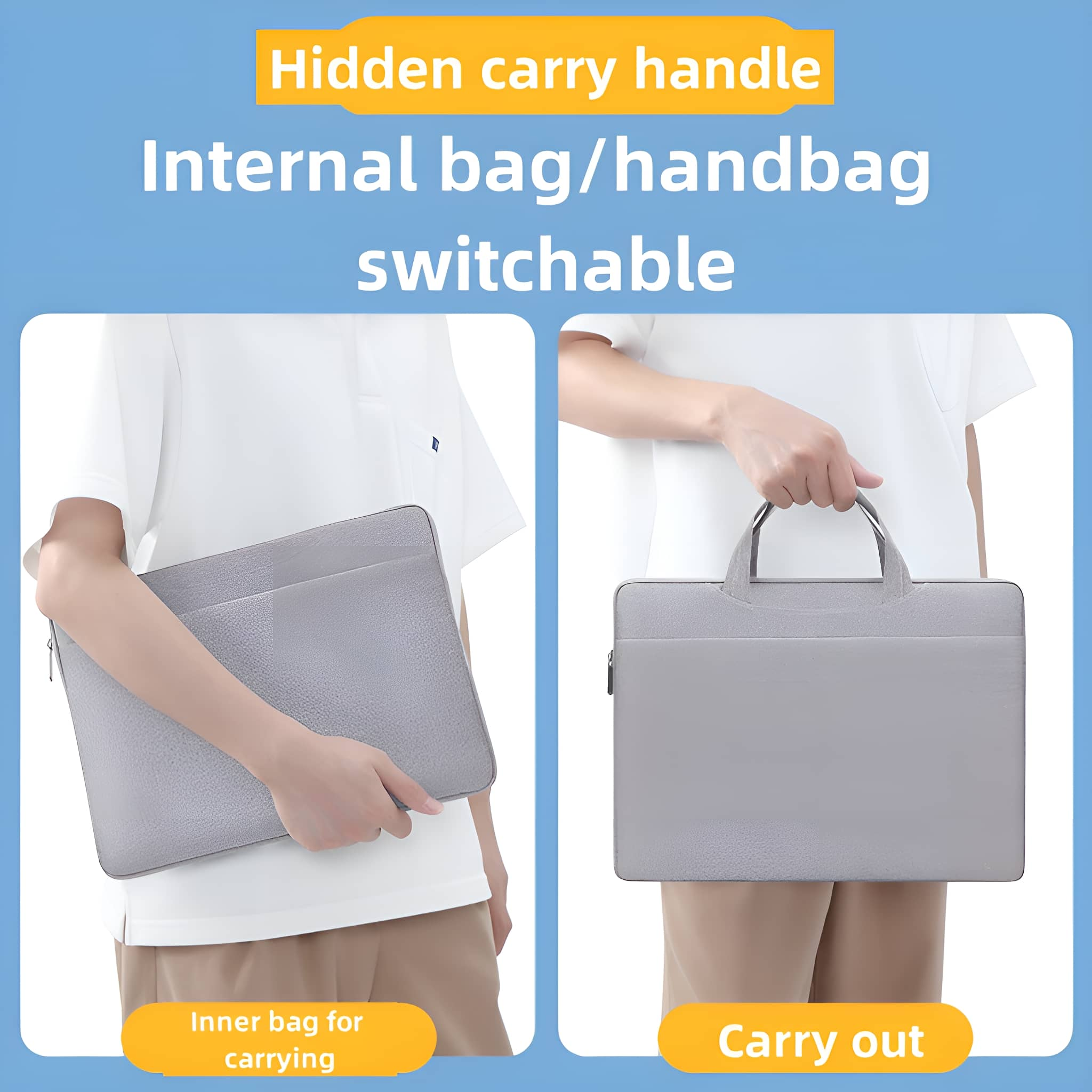 Eine Person hält eine graue Laptoptasche, mit einer grauen Handtaschenversion rechts gezeigt.