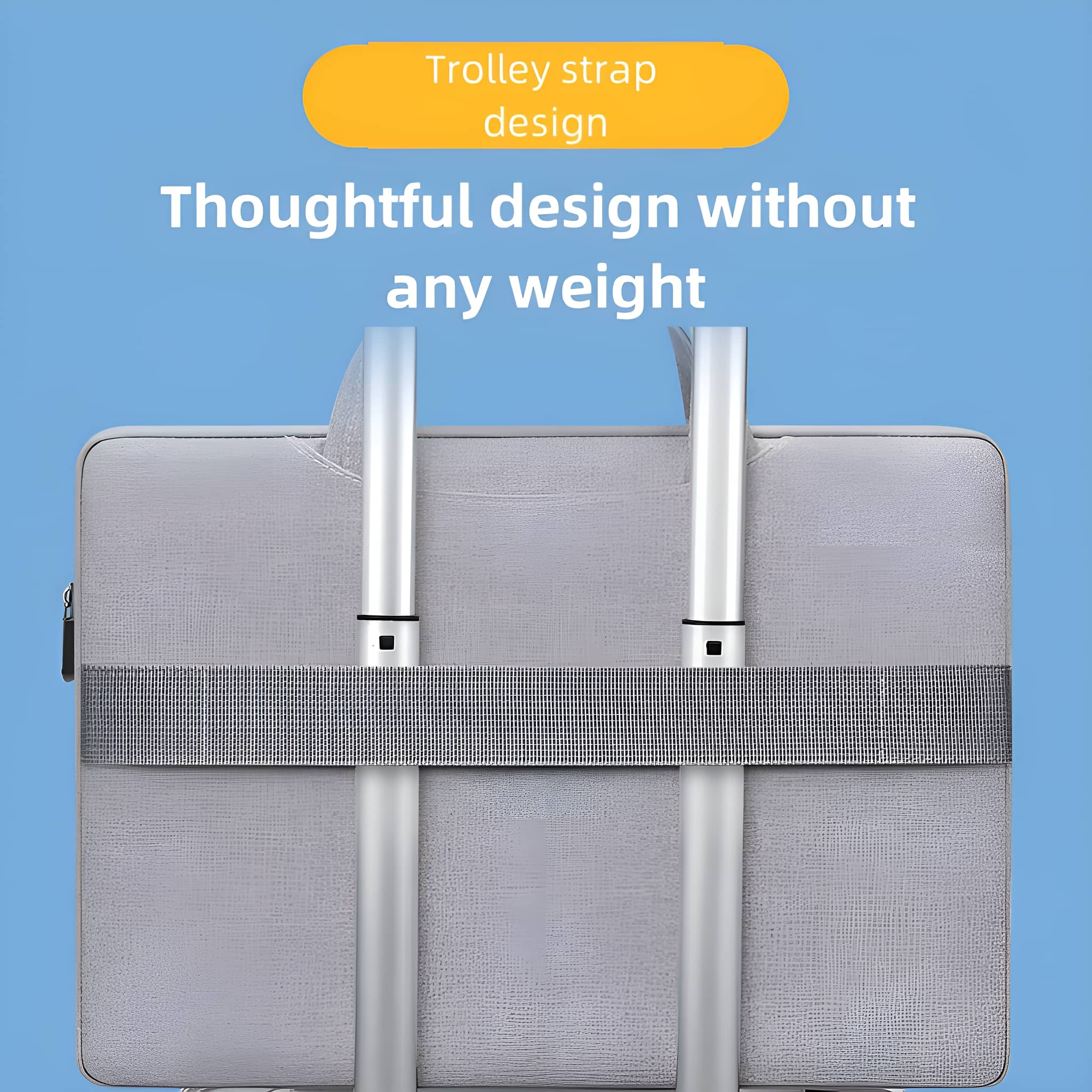 Graue Laptoptasche mit Trolley-Gurt-Design. Text oben: "Trolley-Gurt-Design". Blauer Hintergrund.