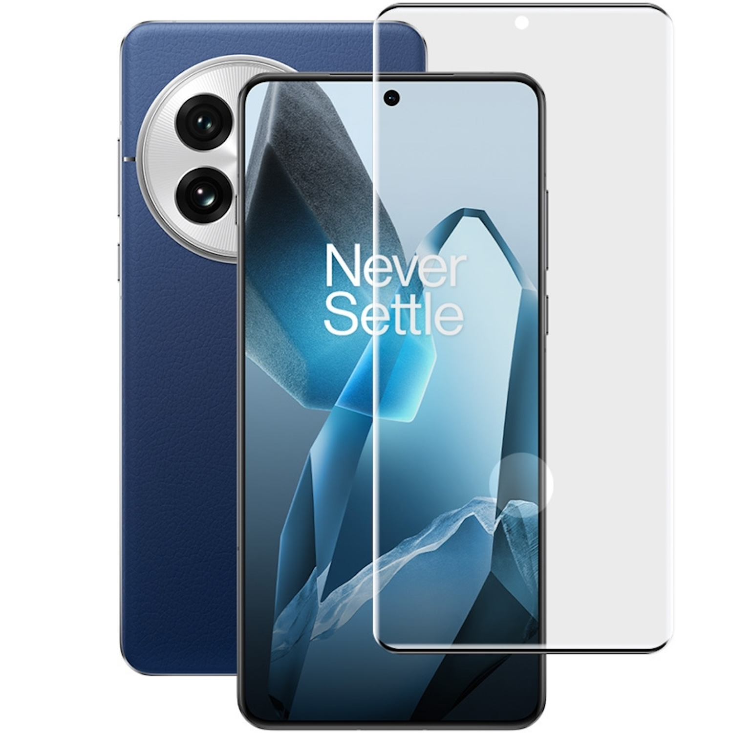 Un telefono blu con un rigonfiamento della fotocamera e una protezione per lo schermo accanto. Il telefono dice 'Never Settle'.