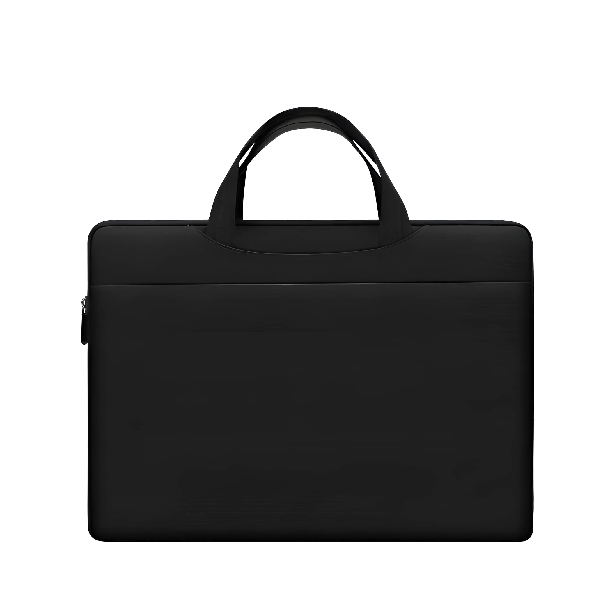 Schwarze Laptoptasche mit Griff. Einfache, rechteckige Form. Isoliert auf weißem Hintergrund.