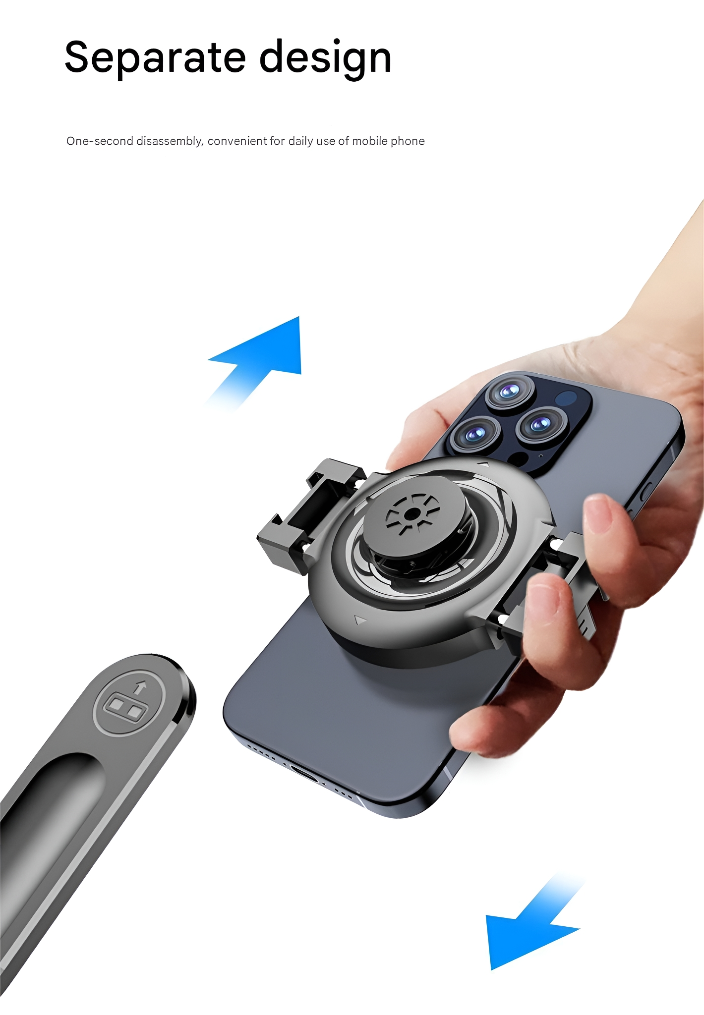 Hand, die ein Smartphone mit Spielzubehör hält, mit Pfeilen, die die Trennung anzeigen.