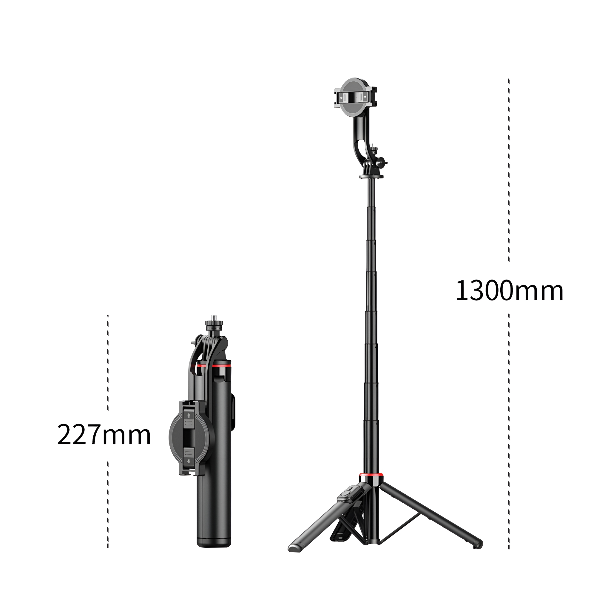 Schwarzer Selfie-Stick, ausgefahren auf 1300 mm, neben einem gefalteten mit 227 mm.