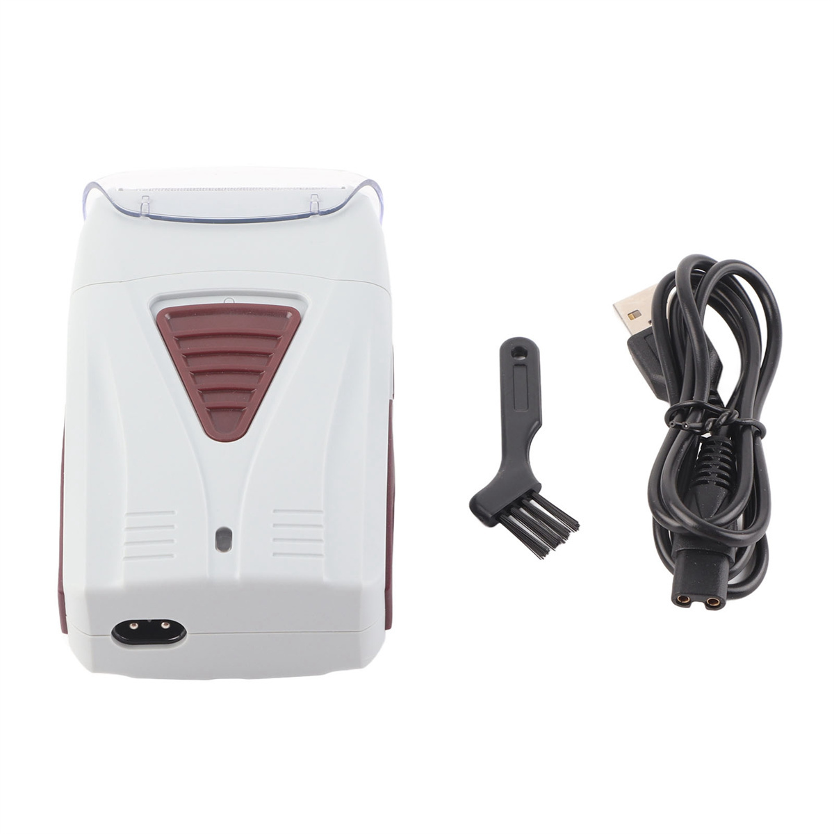 Ein Elektrorasierer mit Zubehör: eine Bürste und ein USB-Kabel. Der Rasierer ist weiß und weinrot.