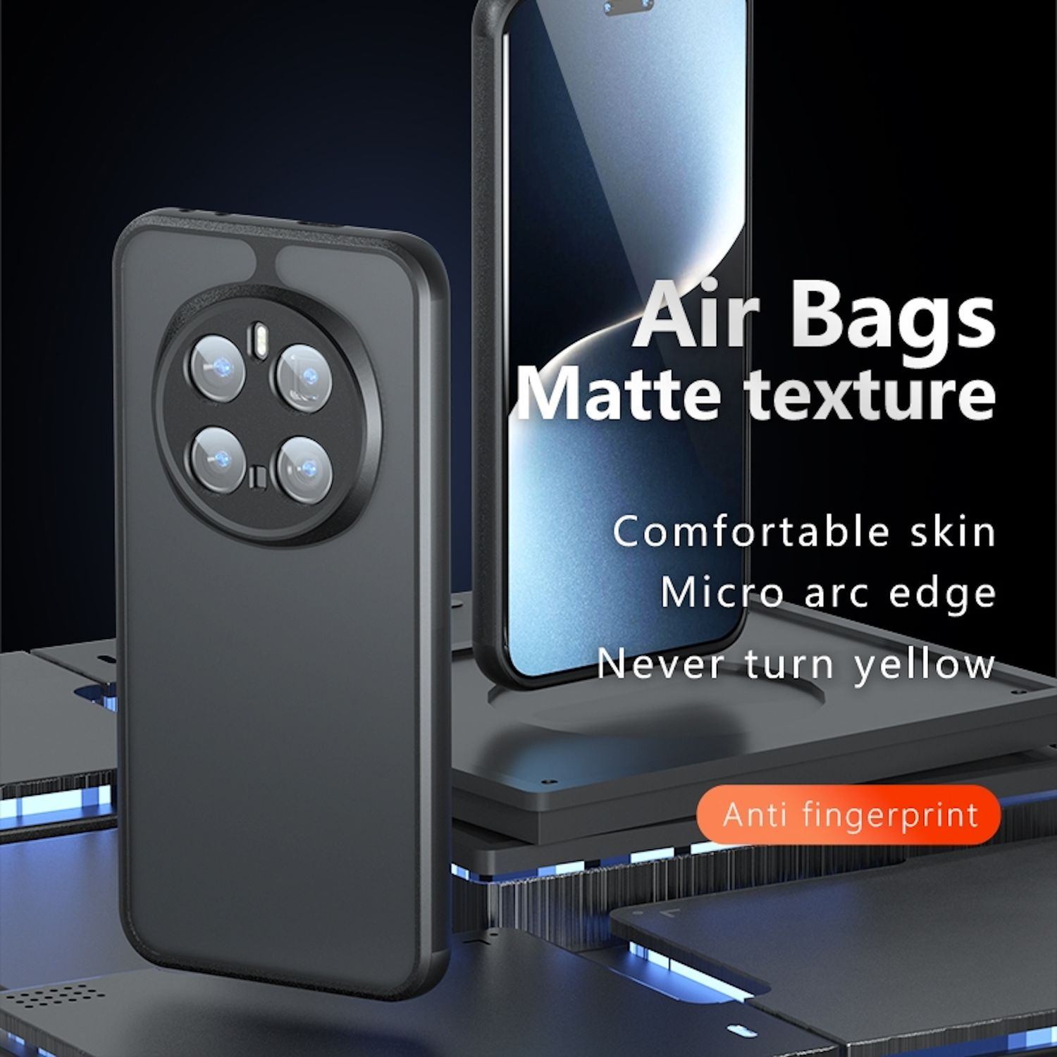 Zwei Handyhüllen, eine an einem Handy befestigt. Der Text lautet 'Air Bags Matte texture'.