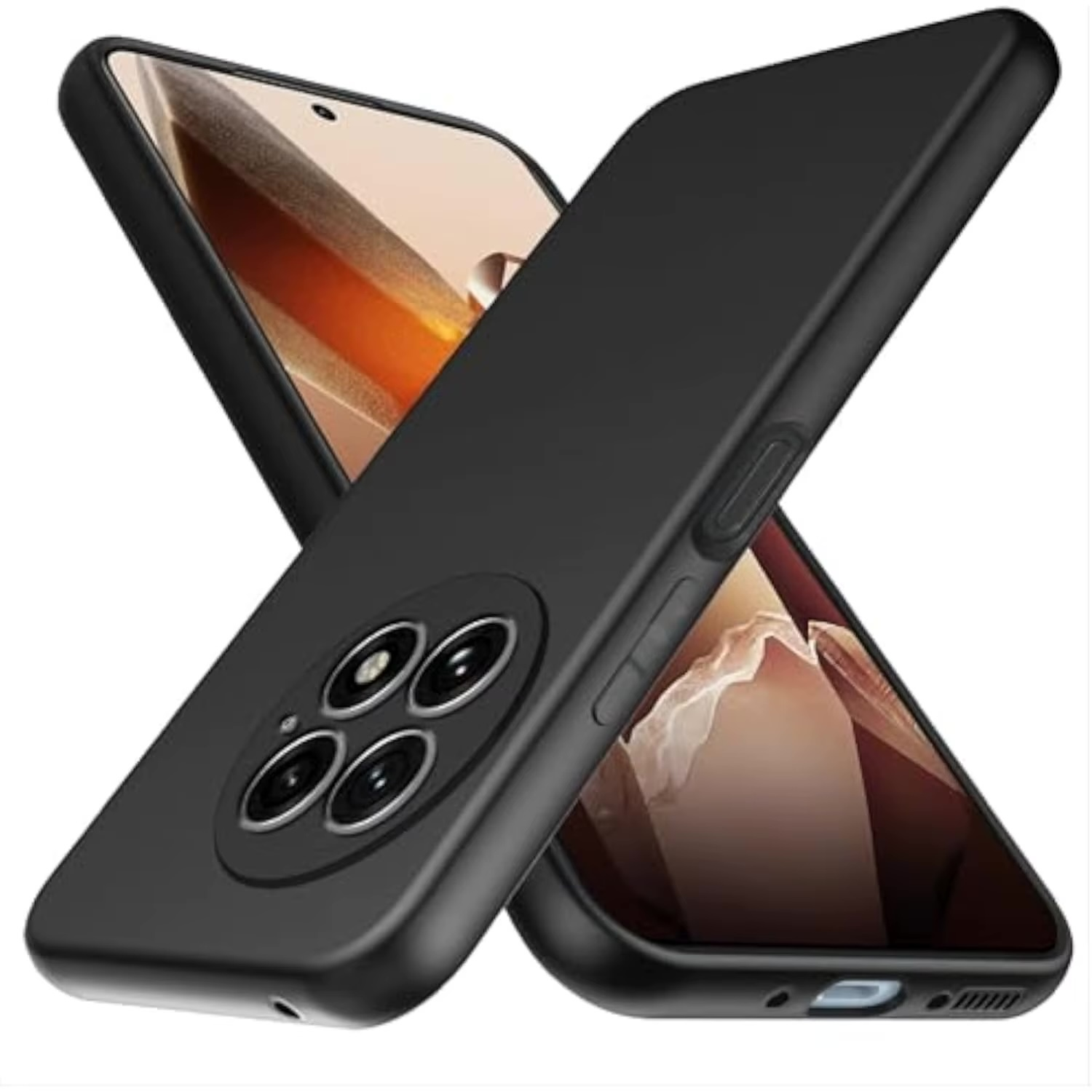 Schwarze Handyhüllen. Eine auf dem Telefon und eine daneben platziert.