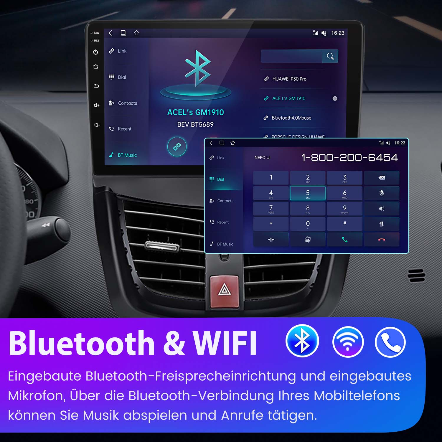 Auto-Armaturenbrett-Bildschirm, der eine Telefonwahltastatur zeigt. Der Bildschirm zeigt auch Bluetooth und WLAN.