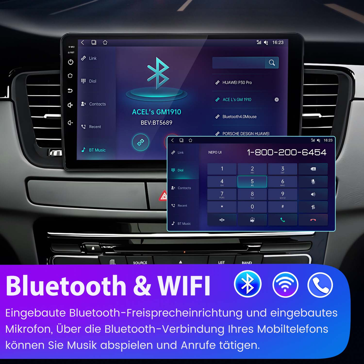 Auto-Infotainment-System mit Bluetooth und WLAN. Anrufbildschirm und Telefontastatur.