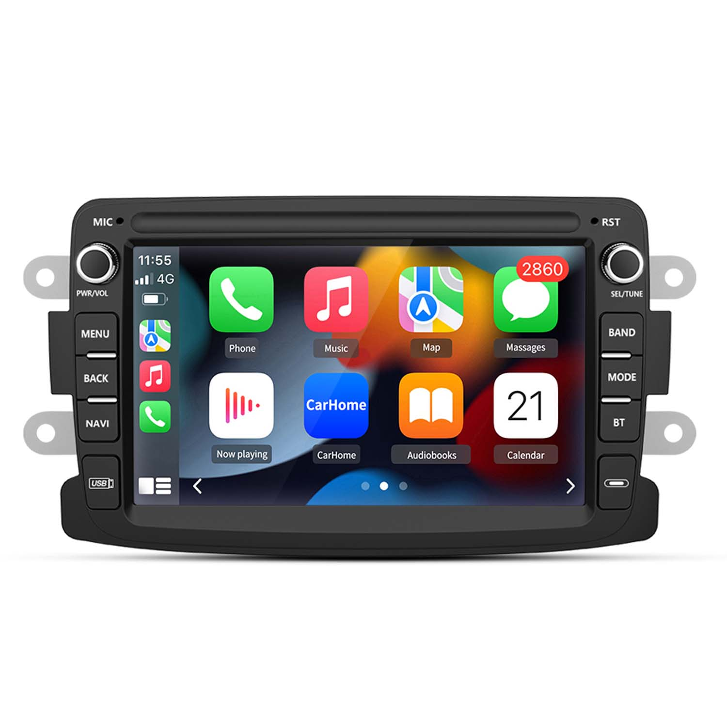 Auto-Stereo-Bildschirm mit App-Symbolen für Telefon, Musik, Karte und mehr. Schwarzer Rahmen, weißer Hintergrund.