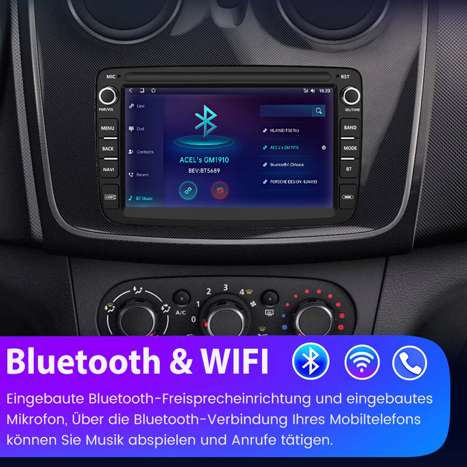 Autoradio mit Touchscreen-Display. Zeigt Navigations- und Telefonoptionen.