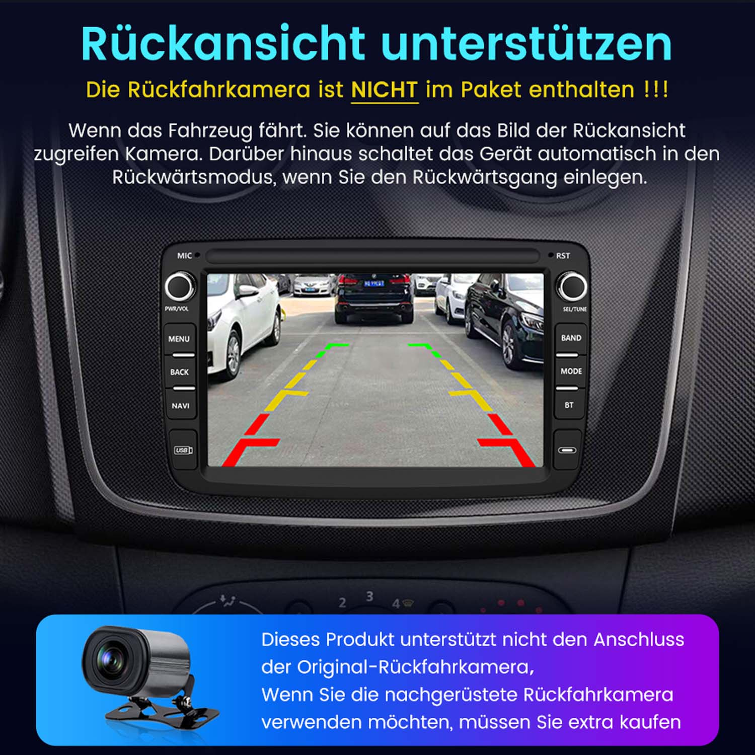 Bildschirm des Auto-Multimedia-Systems mit Rückfahrkameraansicht. Textbeschriftungen auf Deutsch und Englisch.