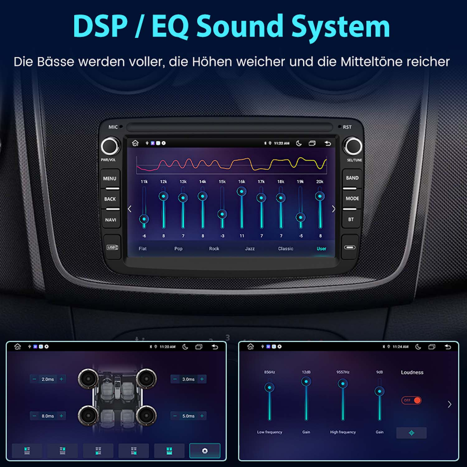 Autoradio mit Display, das ein EQ-Diagramm zeigt. Unten zwei Bildschirme mit Optionen.