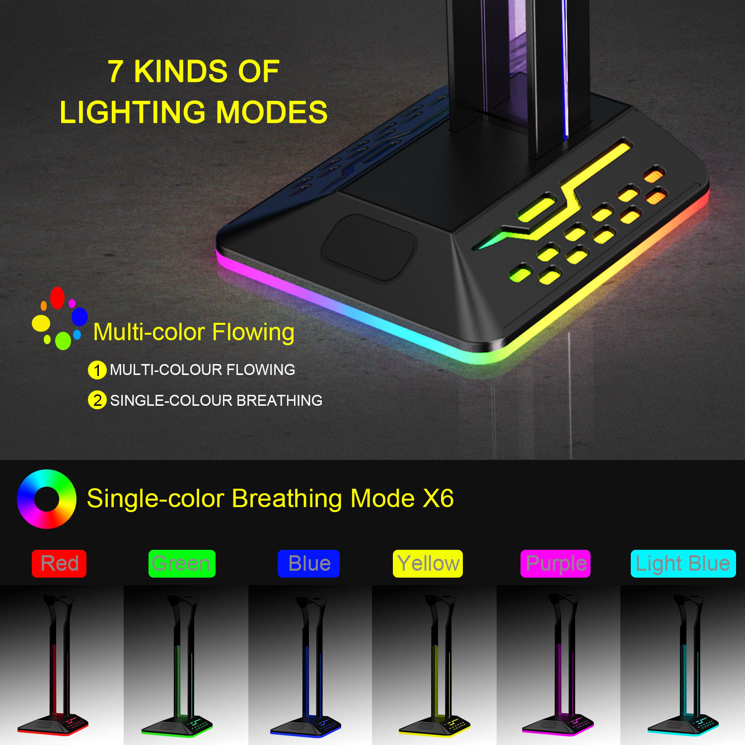 Mehrfarbiger LED-Gaming-Headset-Ständer. Anzeige von roten, grünen, blauen, gelben, lila und hellblauen Lichtmodi.