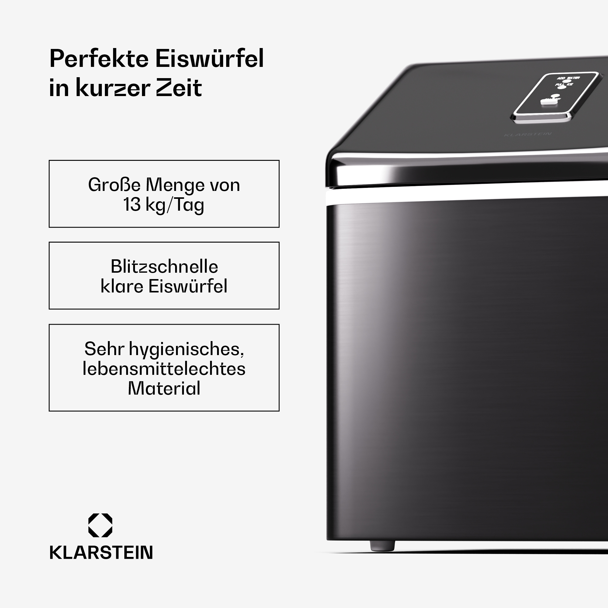 Fabbricatore di ghiaccio nero con caselle di testo che descrivono caratteristiche come 13 kg/giorno, ghiaccio trasparente e materiale alimentare.