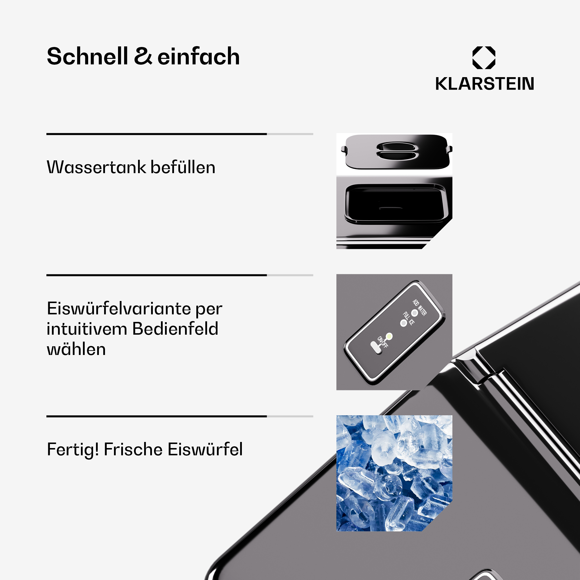 Fabbricatore di ghiaccio nero con testo laterale, che mostra primi piani del coperchio, del pannello di controllo e dei cubetti di ghiaccio.