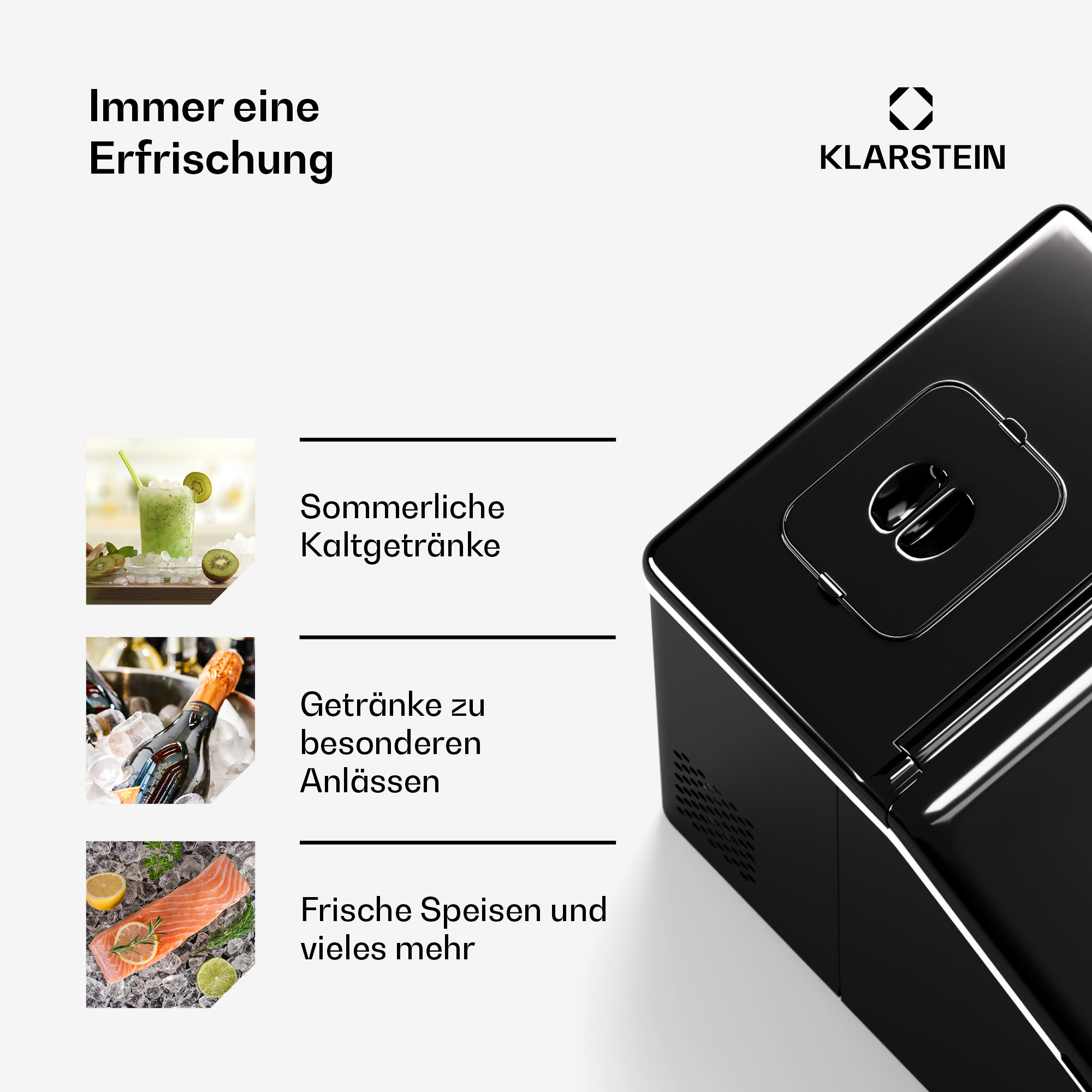 Macchina per il ghiaccio nera con coperchio nero, con grafica e testo sulle bevande fredde.