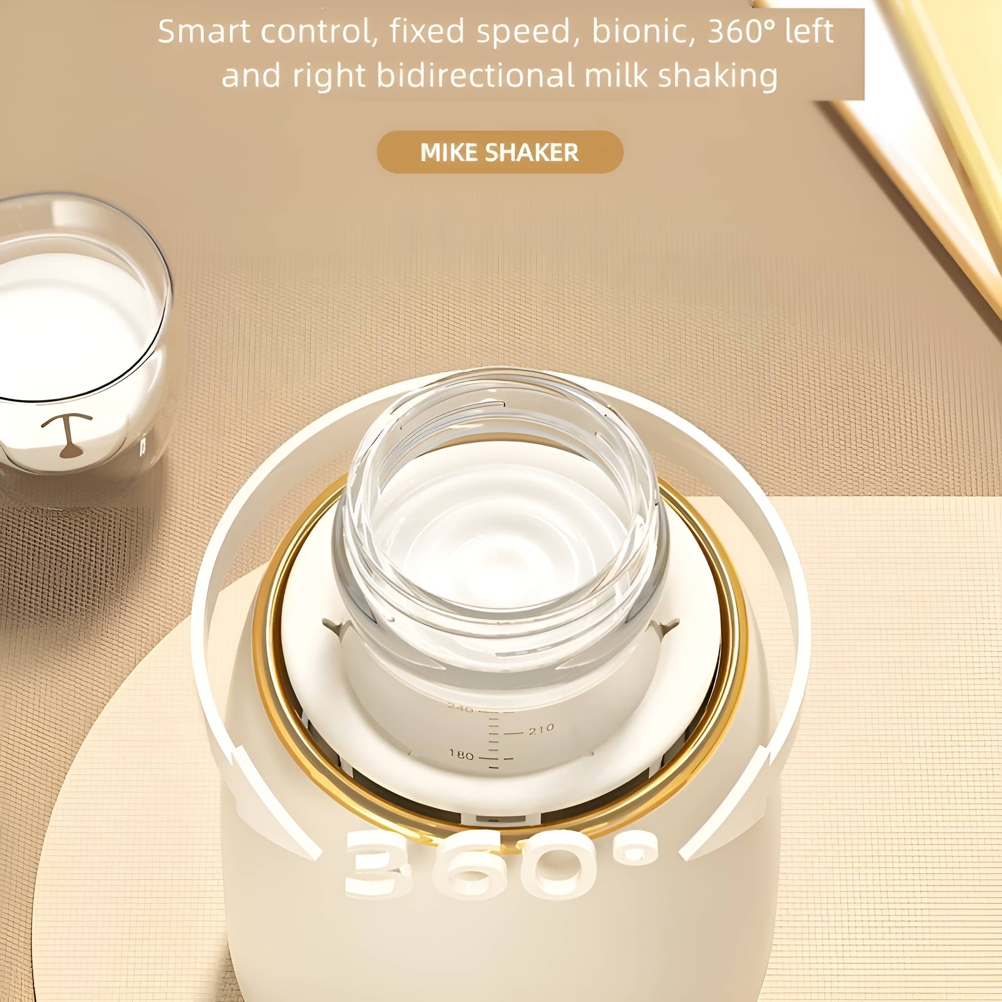 Eine Milchschüttelmaschine mit einem Glas Milch und Text auf der Oberfläche.
