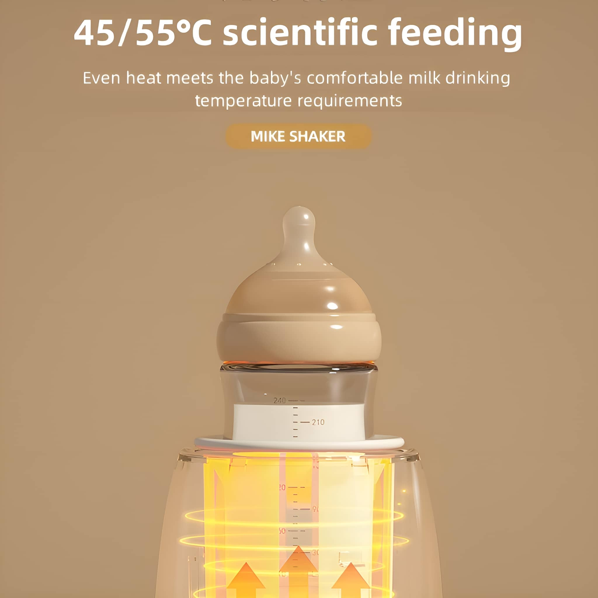 Babyflasche in einem Wärmer. Pfeile zeigen Hitze an. Text: '45/55°C wissenschaftliche Fütterung'.