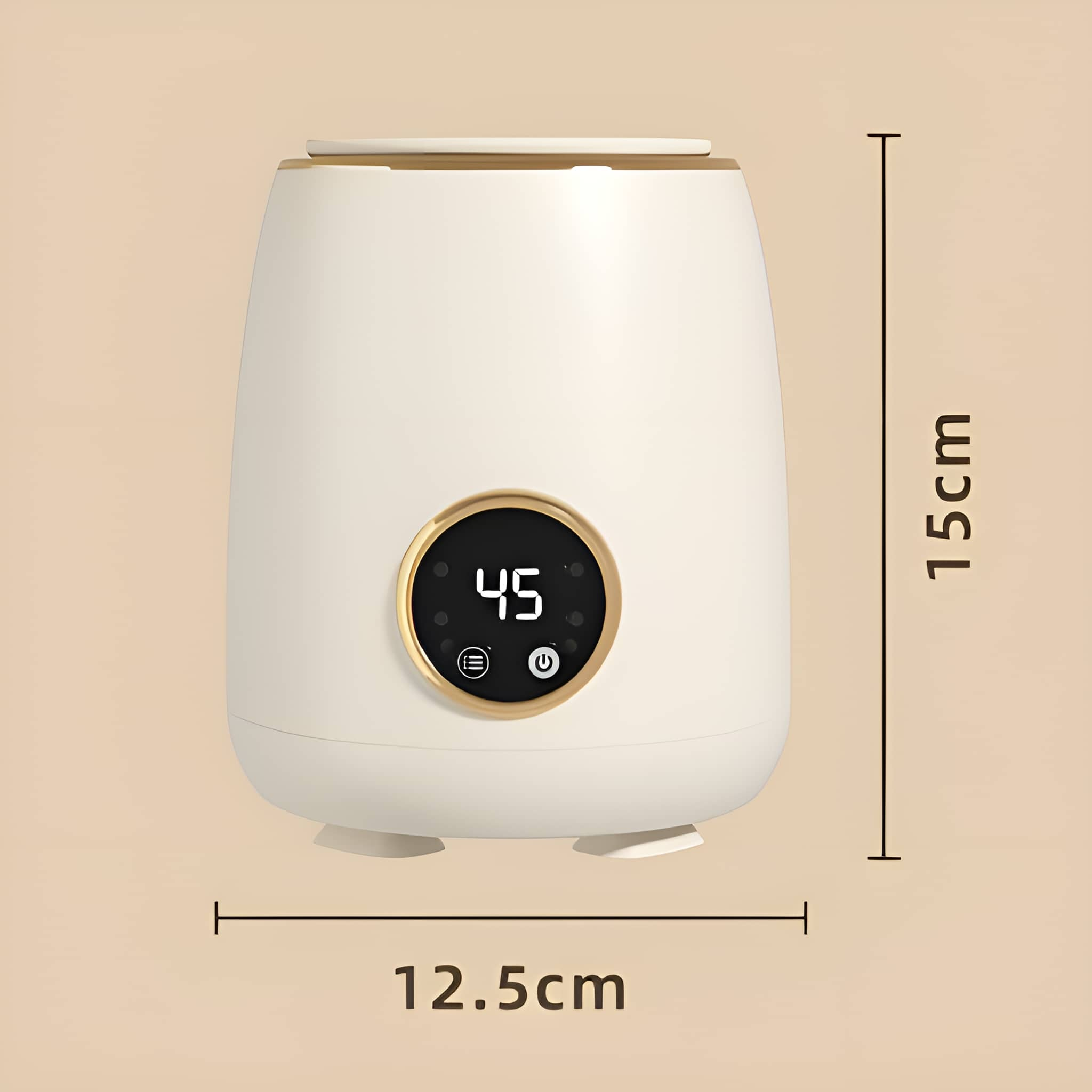 Ein weißer Luftbefeuchter mit Digitalanzeige, die 45 anzeigt. Er hat Maße von 15 cm und 12,5 cm.