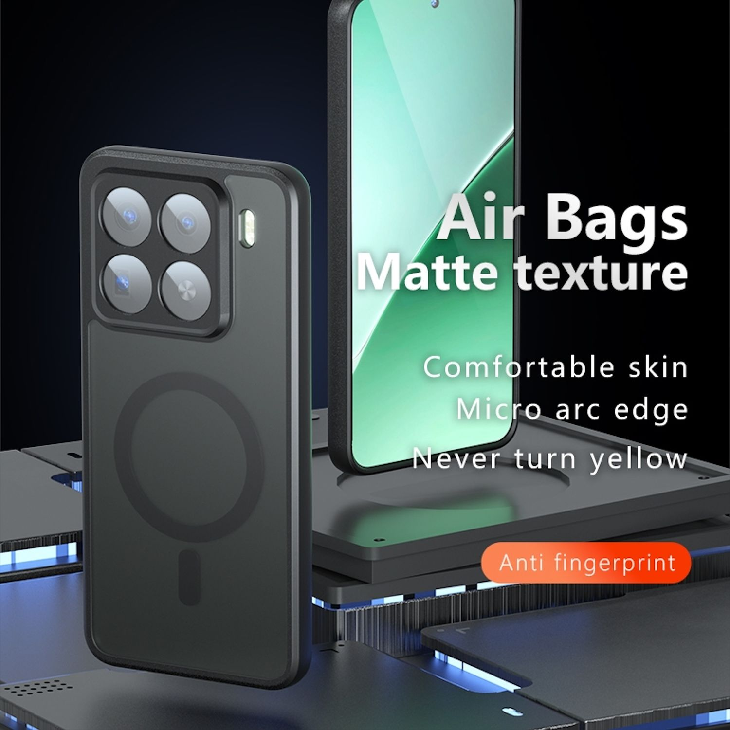 Eine schwarze Handyhülle mit einem Magnetkreis und einem Telefon darin. Sie hat eine matte Textur.