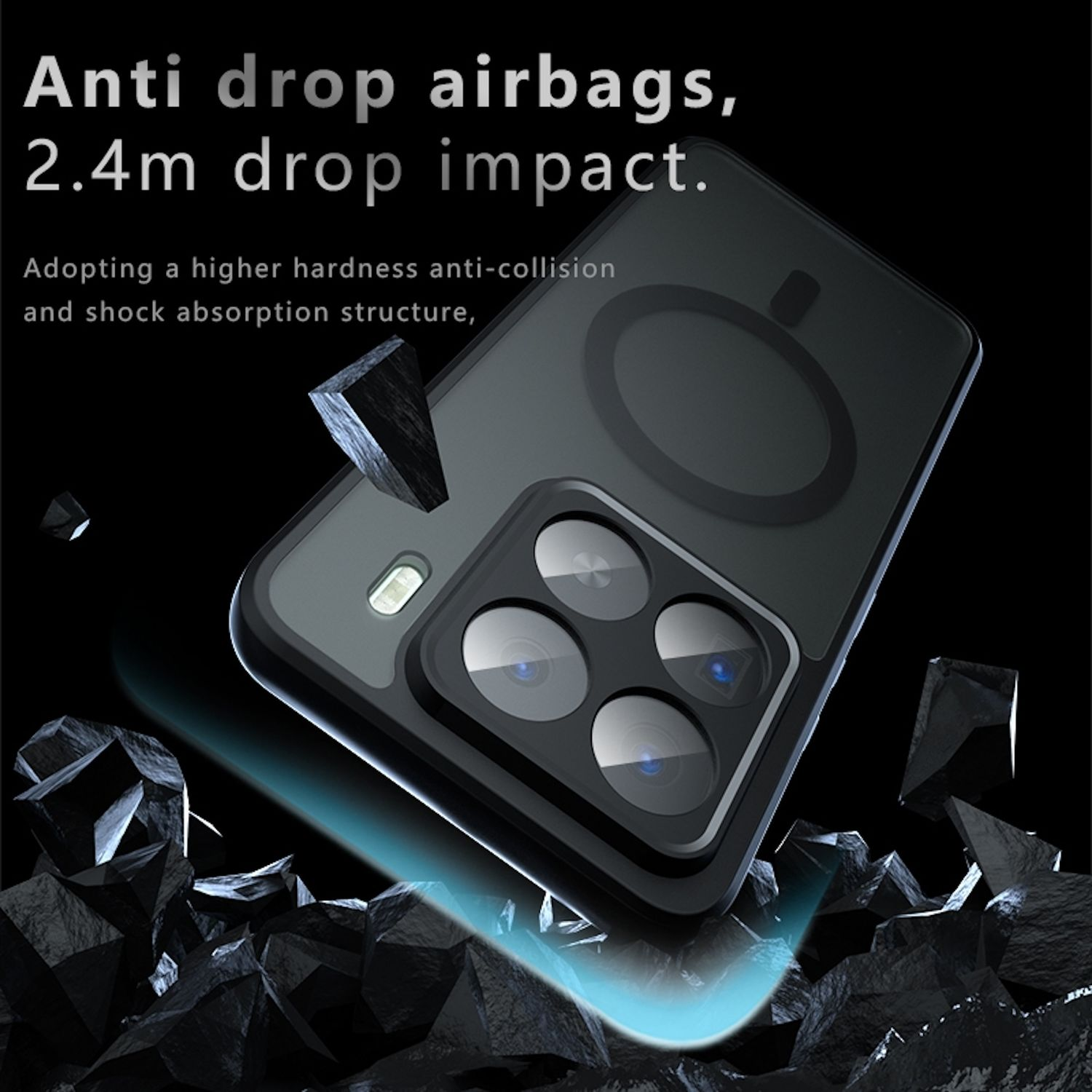 Schwarze Handyhülle mit Text über Airbags und ein schwarzes Smartphone.