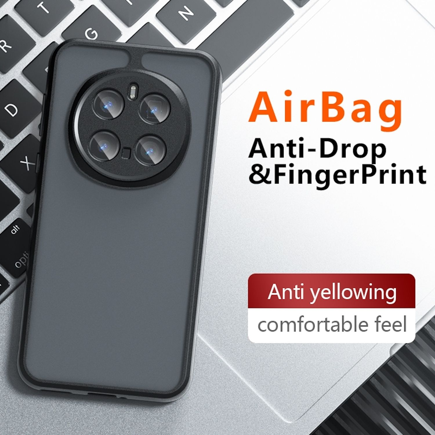 Eine graue Handyhülle mit schwarzem Kamerabereich liegt auf einer Laptop-Tastatur. Text sagt 'AirBag & Anti-Drop'.