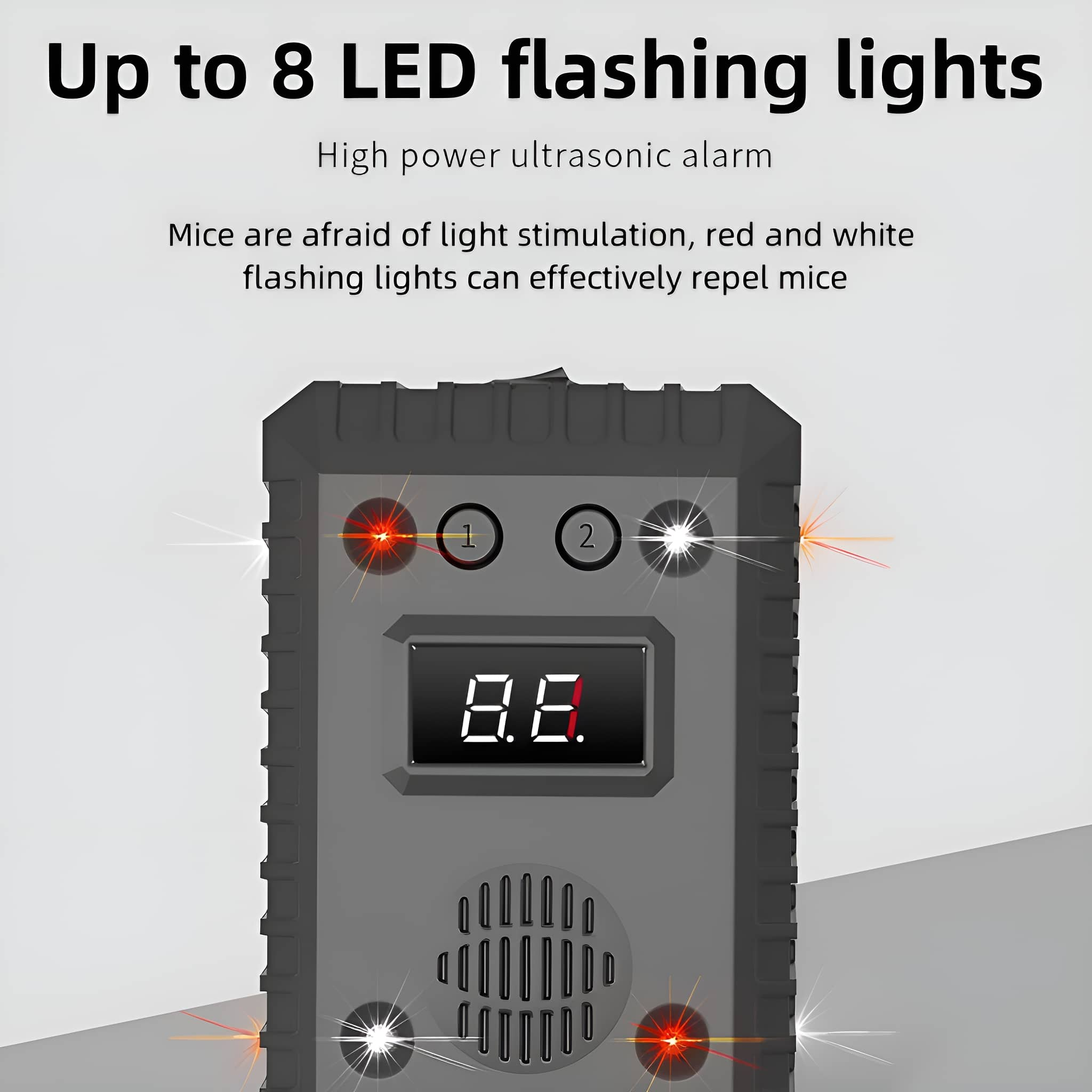 Elektronisches Gerät mit blinkenden roten und weißen Lichtern, Display und Lautsprecher.