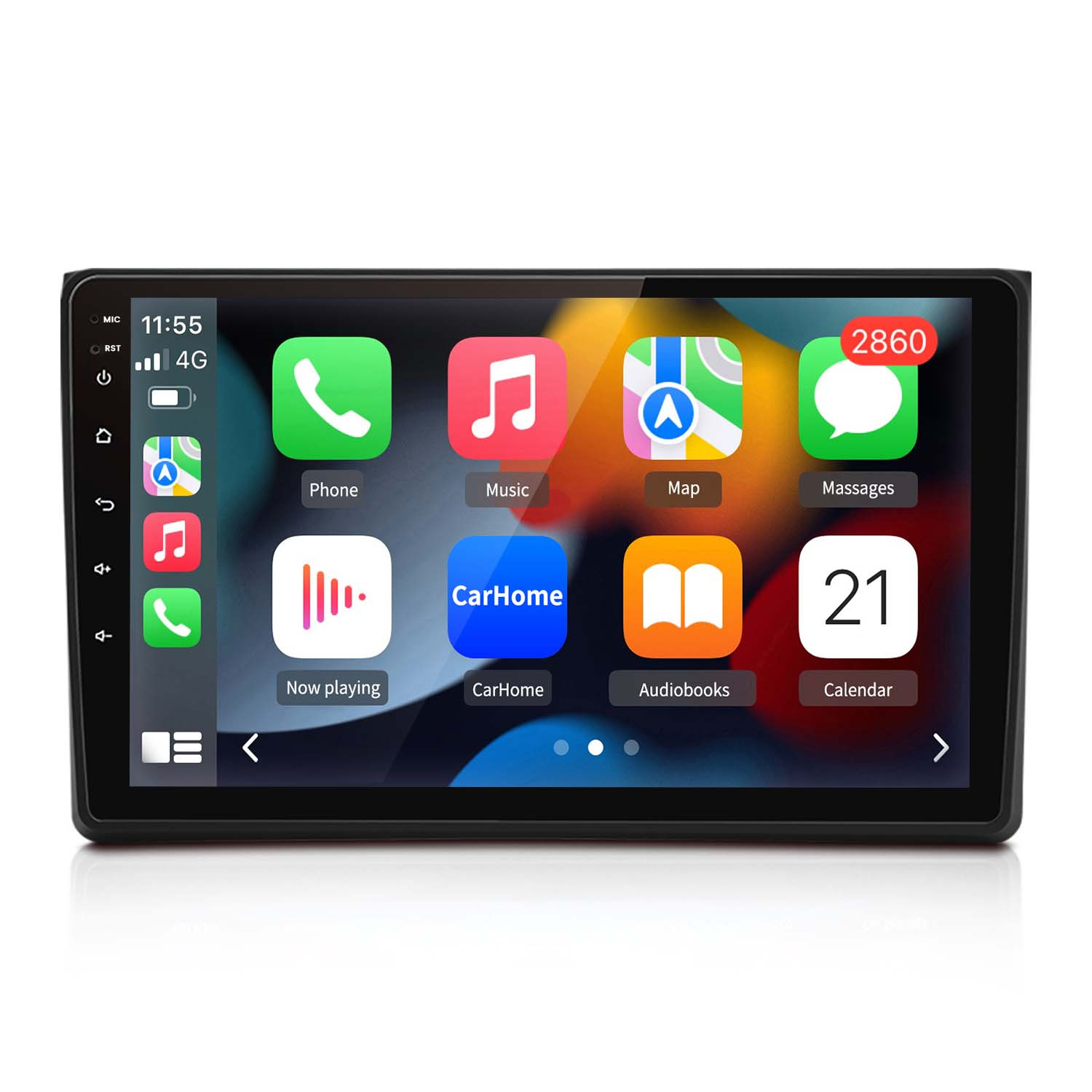 Auto-Infotainment-Bildschirm mit App-Symbolen. Telefon, Musik, Karte, Nachrichten, Kalender und andere Apps.