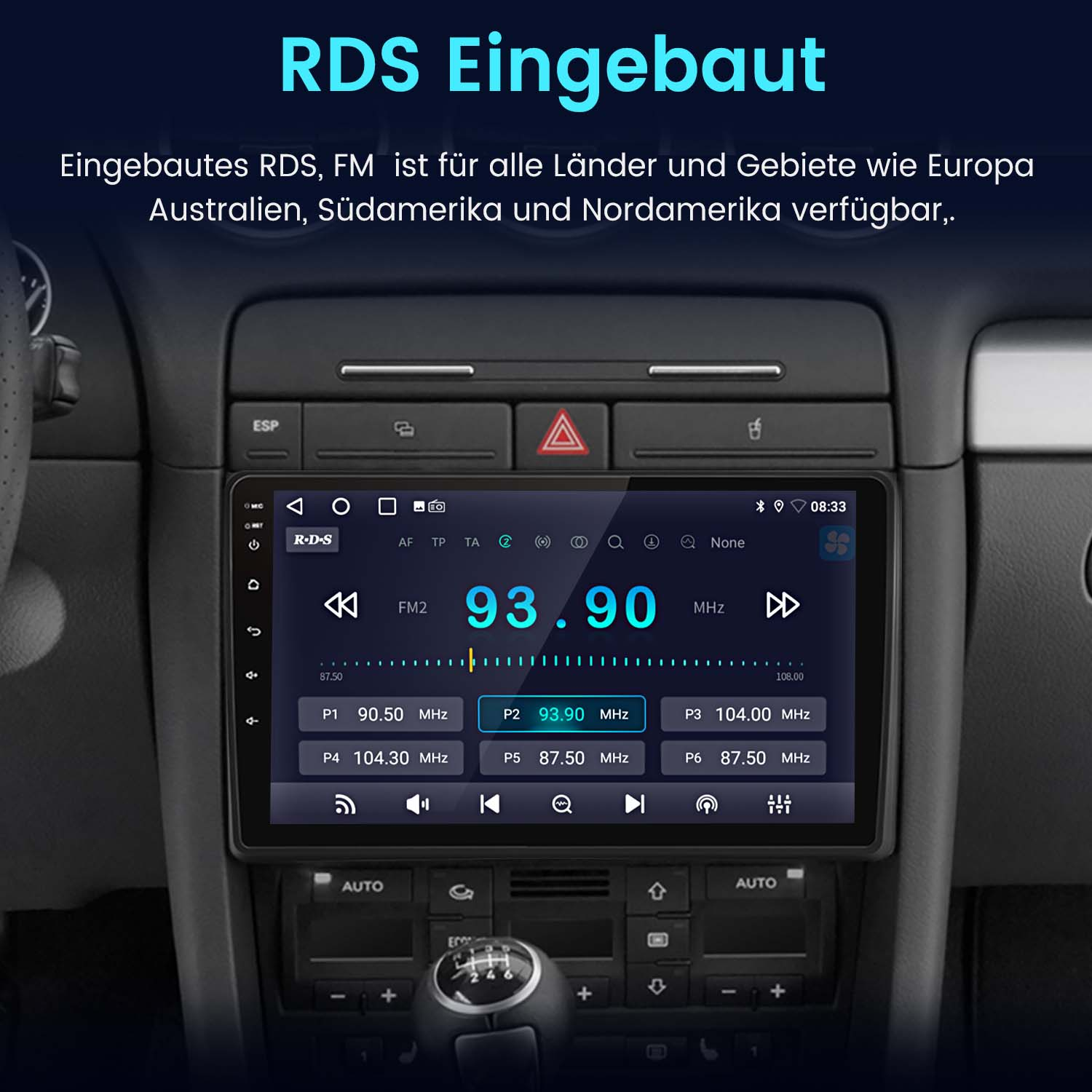 Ein Autoradiobildschirm zeigt Radioinformationen an, einschließlich der Senderfrequenz und RDS-Daten.