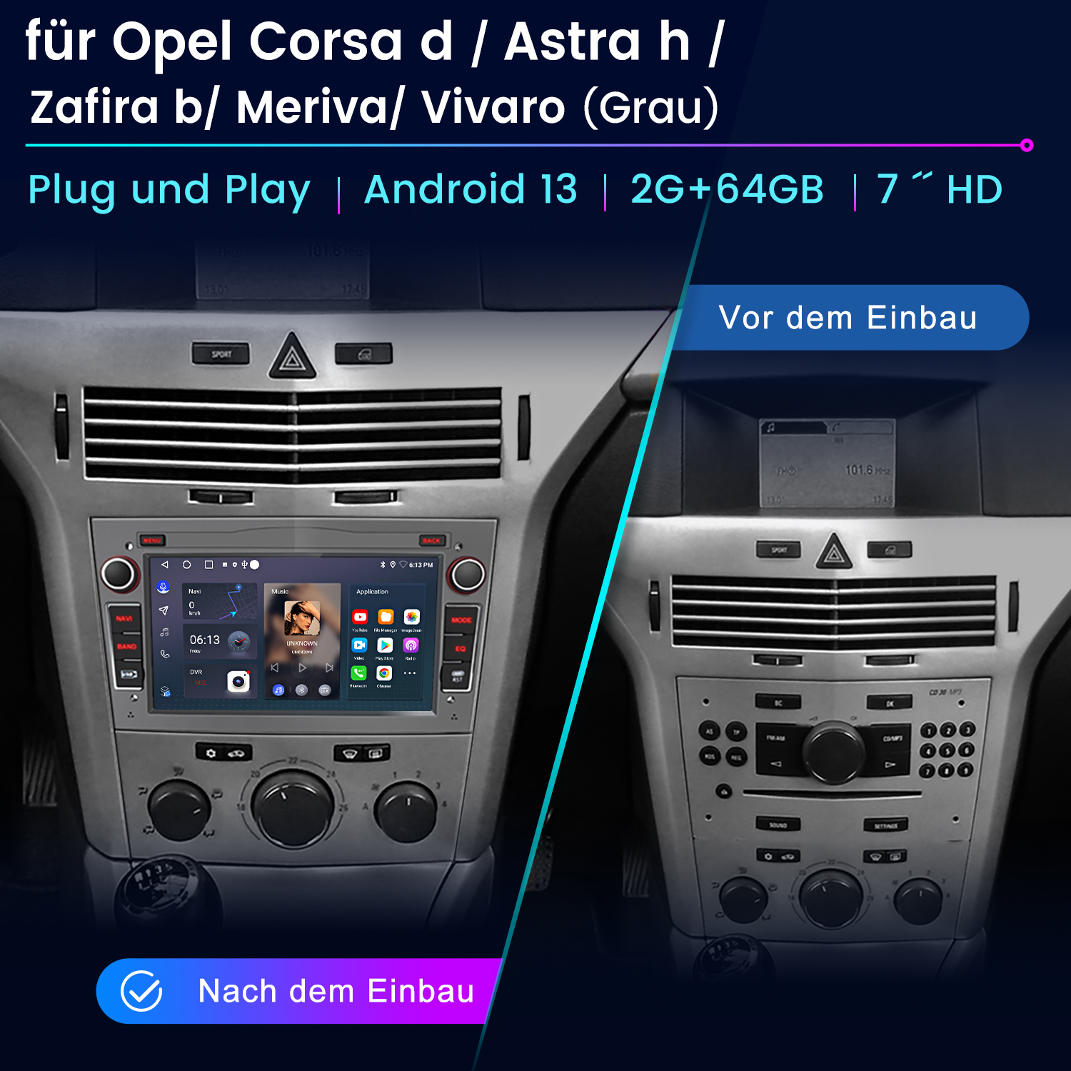 Deska rozdzielcza samochodu z zainstalowanym ekranem Android, obok oryginalnej deski. Tekst wskazuje kompatybilność.
